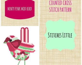 Retro Modern Cross Stitch Pattern - Scandi Cross Stitch - Ondori Cross Stitch - Minty Pink Mod Bird - PDF Pattern - Instant Download