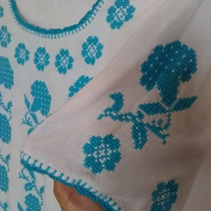 70s Large White /& Navy Blue DAISY Print BLUSE by Cape Cod Match Mates USA Long Sleeved e