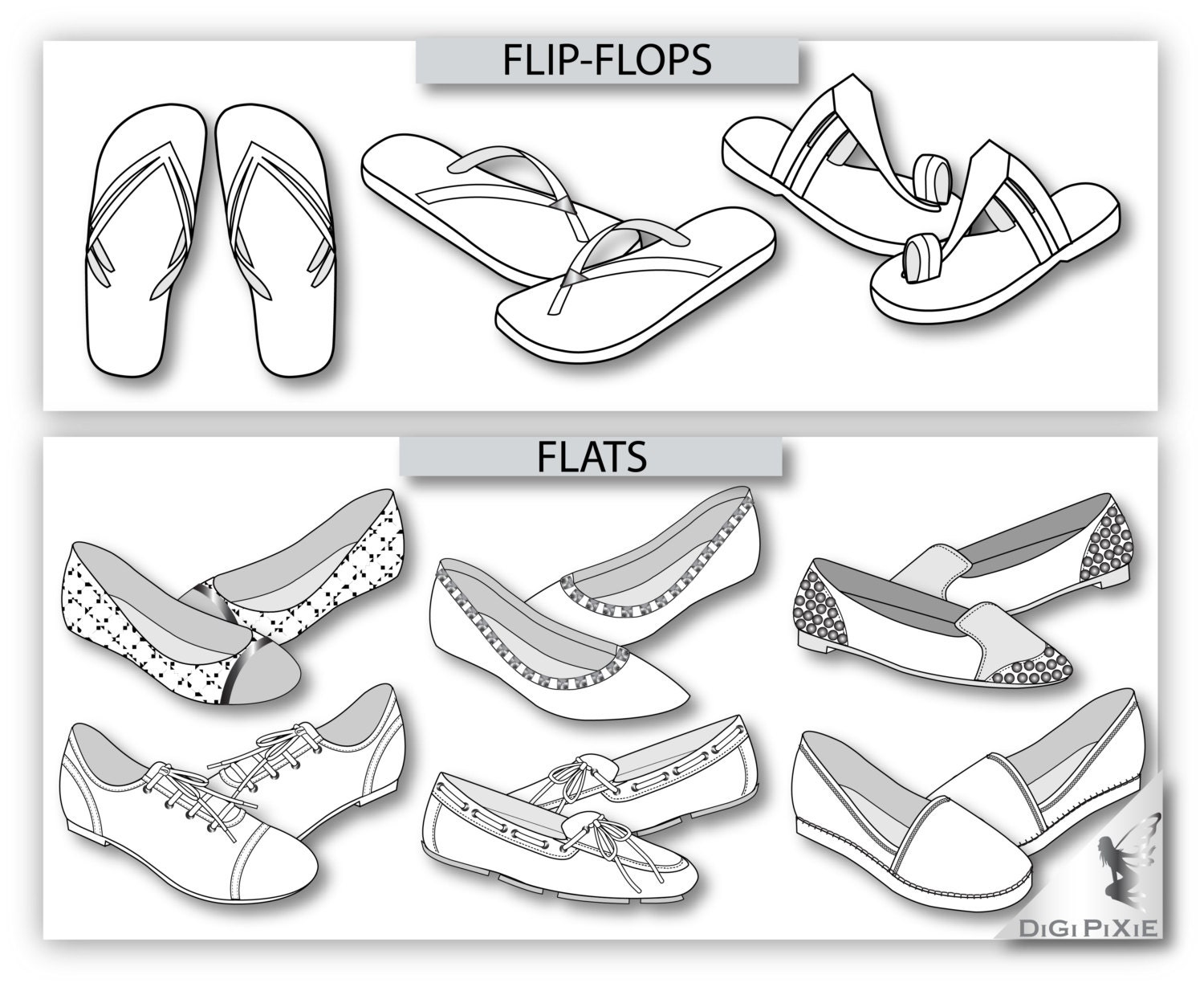 Footwear Flats Sketches 214 Vector Illustrator Templates Etsy