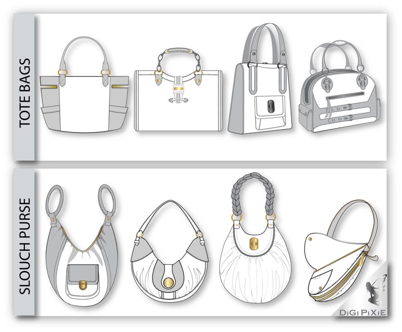 Handbag Flats Sketches 147 Illustrator Templates | Etsy