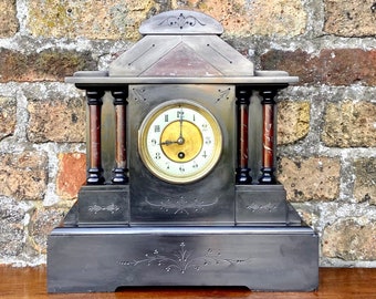 Large French black Slate mantel clock Ruby Red inlay c1890 Imposing Fully serviced and working Antique