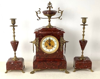 Japy Freres c1896 French Rouge Marble 8 Day Clock Candle Sconce Garniture Striking Bell on Hour and Half Hour