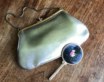 1950s Gold Evening Bag with Enamelled Hand mirror Vintage Clutch Bag Evening Bag Hand Bag Rockabilly Pin Up Girl