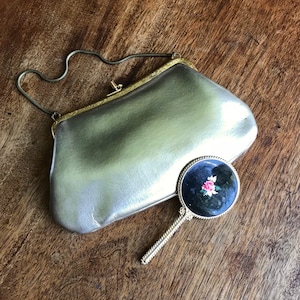 1950s Gold Evening Bag with Enamelled Hand mirror Vintage Clutch Bag Evening Bag Hand Bag Rockabilly Pin Up Girl image 1