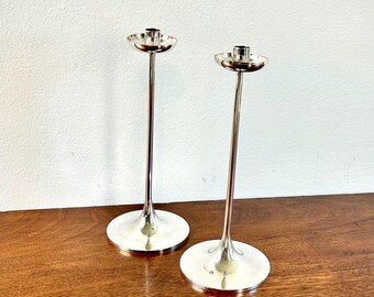 Pair of Old Hall Silver plated Taper Candle Holders designed by Robert Welch c1960s with pair of taper candles