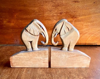 Vintage Elephant Bookends Handcut Wooden Sculptures Hardwood