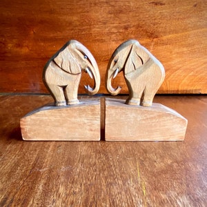 Vintage Elephant Bookends Handcut Wooden Sculptures Hardwood image 1