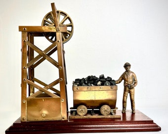 Vintage Coal Mining Scene Coal Cart On Plinth Solid Brass