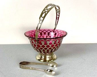 Beautiful Cranberry Glass Silver Plate Sugar Basket / Bon Bon Dish and Sugar Tongs Markers Mark FEL c1900