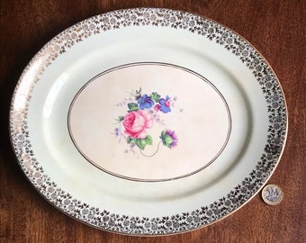 1940s Gold Lustre ware Pastel Roses Pattern  Burleigh ware England Platter or Large Plate