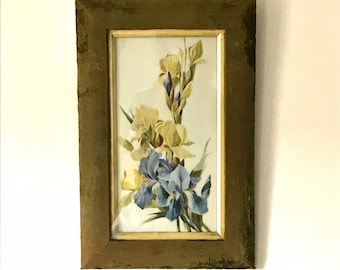 Victorian Oil Blue Orchids on milk glass painting framed in Stunning Velvet green antique frame-  c1880s (one of a pair sold separately)