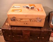 Velum suitcase Stunning 20th Century Travel Suitcase Pig Skin Trunk Art Deco Genuine travel labels c1930