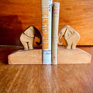 Vintage Elephant Bookends Handcut Wooden Sculptures Hardwood image 3