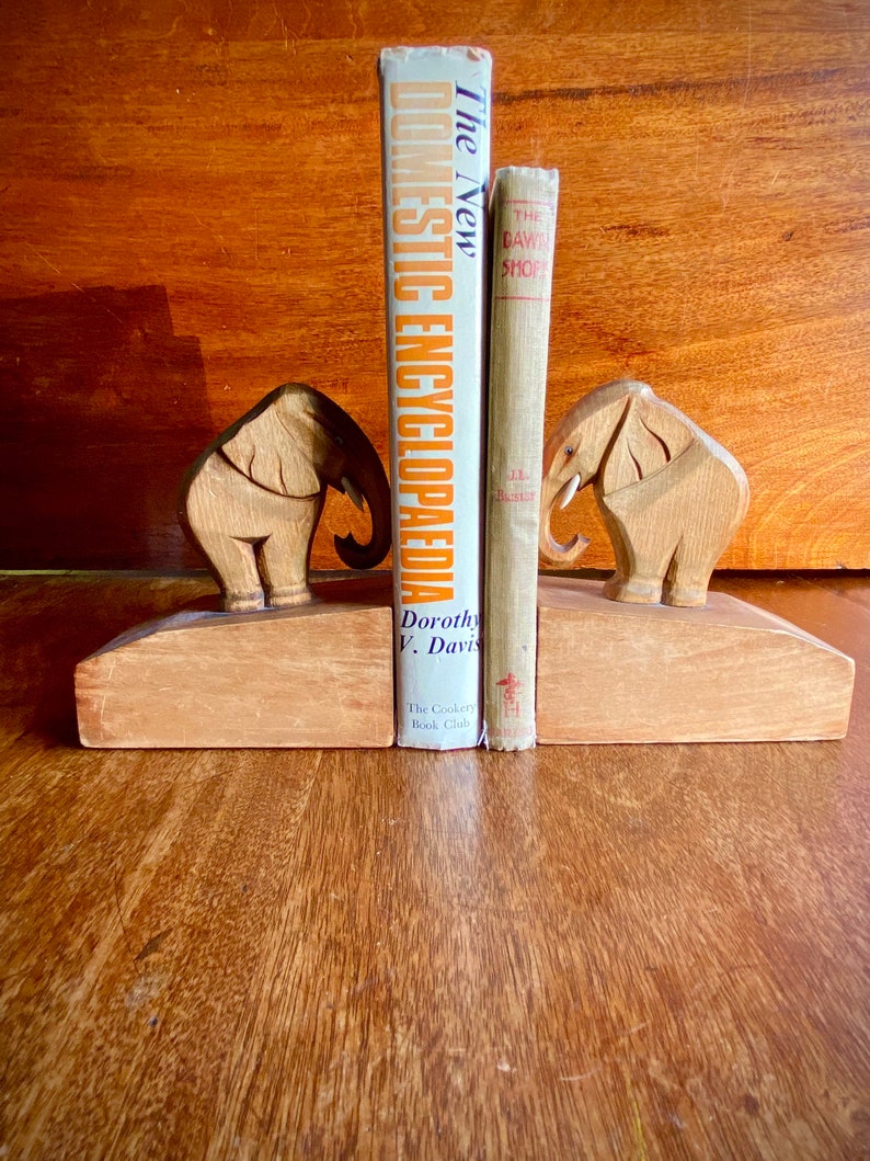 Vintage Elephant Bookends Handcut Wooden Sculptures Hardwood image 3