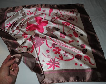 Vintage butterfly pretty Fucia pink satin head neck scarf c1980s