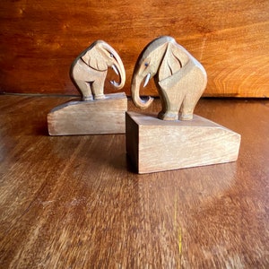 Vintage Elephant Bookends Handcut Wooden Sculptures Hardwood image 7