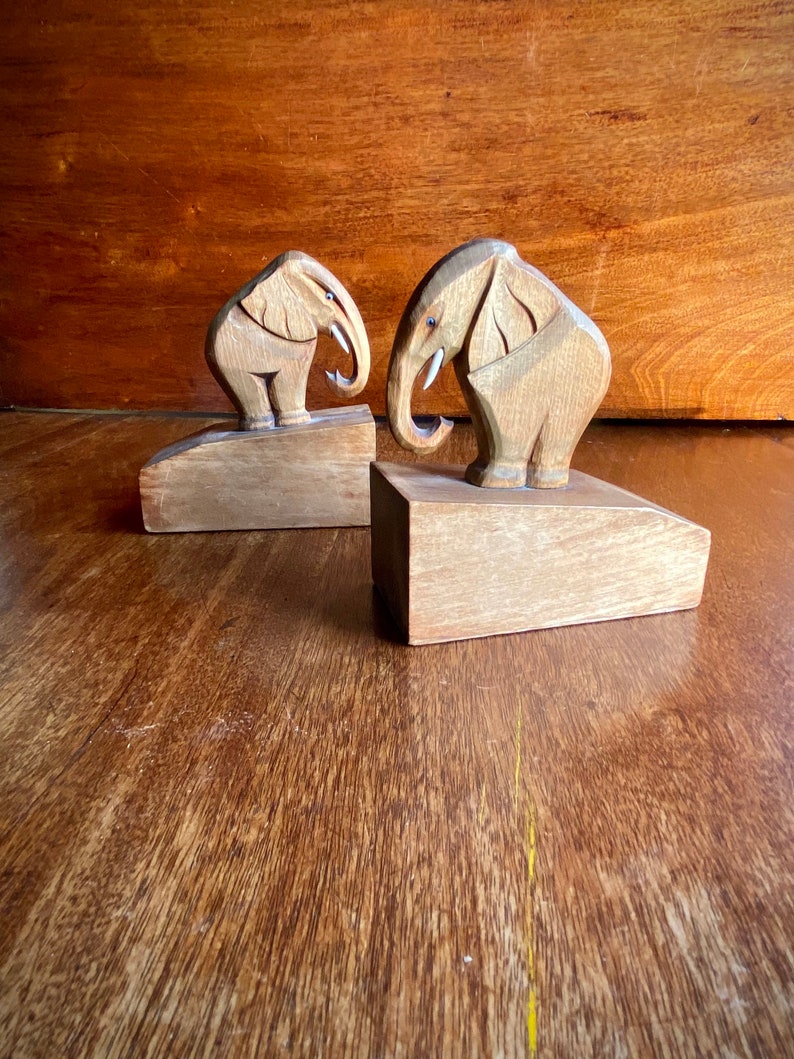 Vintage Elephant Bookends Handcut Wooden Sculptures Hardwood image 7