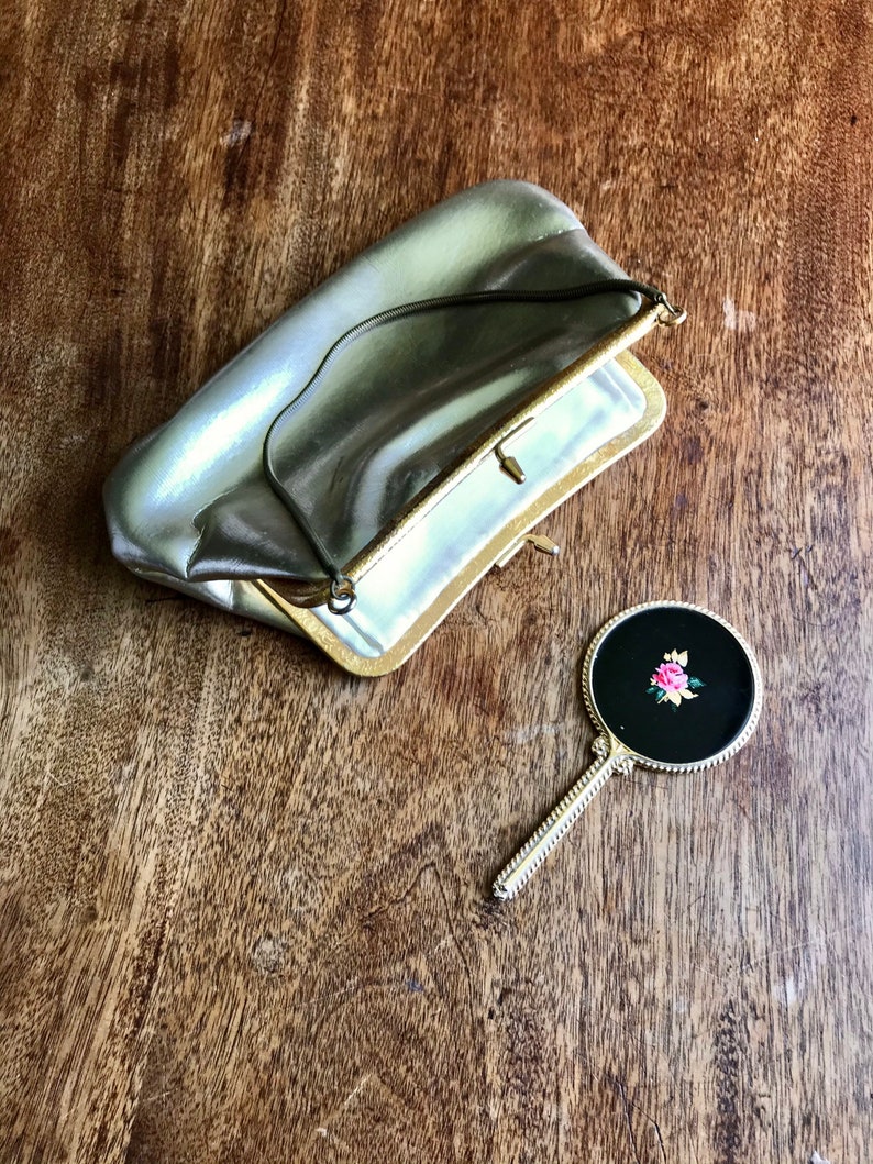 1950s Gold Evening Bag with Enamelled Hand mirror Vintage Clutch Bag Evening Bag Hand Bag Rockabilly Pin Up Girl image 6