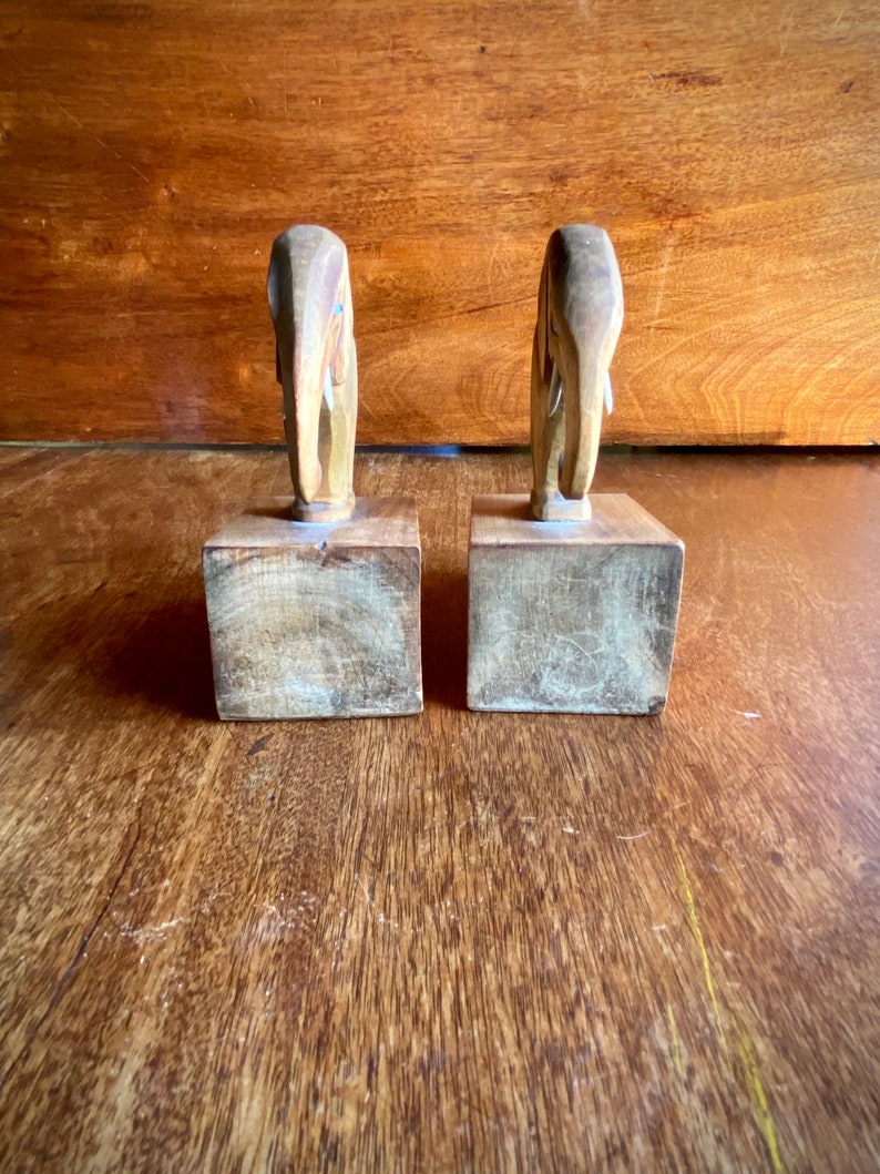 Vintage Elephant Bookends Handcut Wooden Sculptures Hardwood image 6