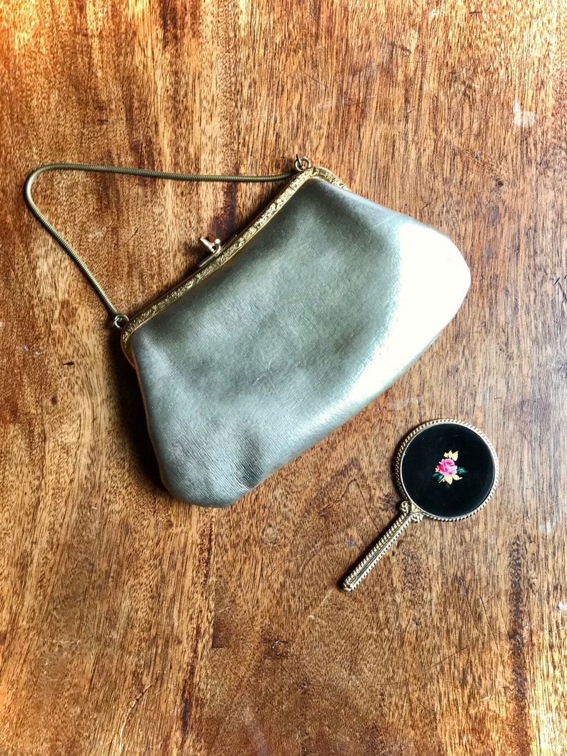 1950s Gold Evening Bag with Enamelled Hand mirror Vintage Clutch Bag Evening Bag Hand Bag Rockabilly Pin Up Girl image 7