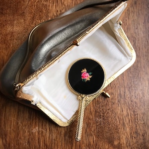 1950s Gold Evening Bag with Enamelled Hand mirror Vintage Clutch Bag Evening Bag Hand Bag Rockabilly Pin Up Girl image 3