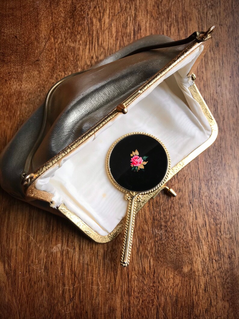 1950s Gold Evening Bag with Enamelled Hand mirror Vintage Clutch Bag Evening Bag Hand Bag Rockabilly Pin Up Girl image 3