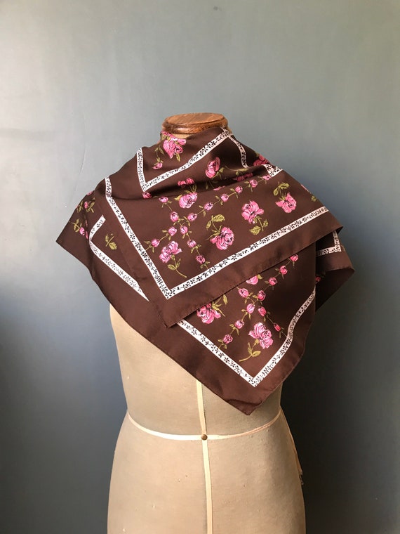 1970s St Michael Vintage Scarf Pink Roses on a wh… - image 3
