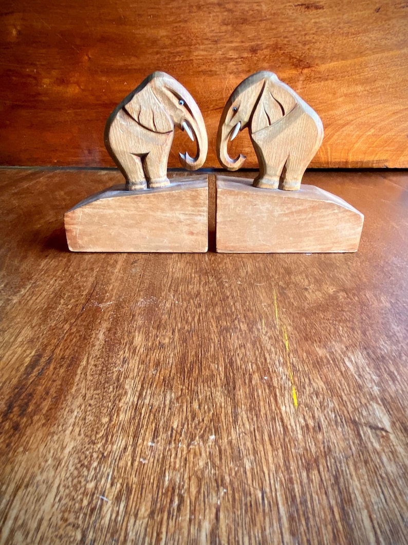 Vintage Elephant Bookends Handcut Wooden Sculptures Hardwood image 1