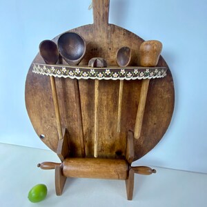 Large Antique Wooden Pizza board home fashioned in to Utensil Board Rolling Pin Vintage spoons mixer and crusher Masses of charm c1930s image 5