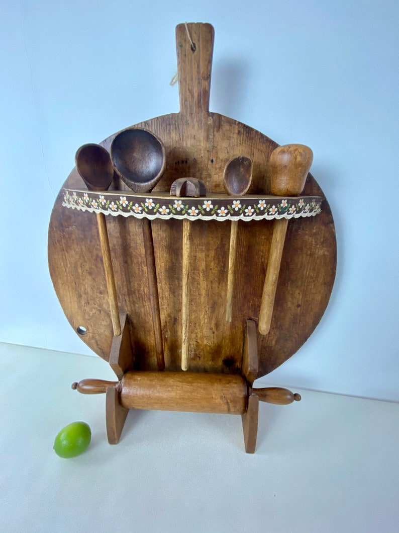 Large Antique Wooden Pizza board home fashioned in to Utensil Board Rolling Pin Vintage spoons mixer and crusher Masses of charm c1930s image 5