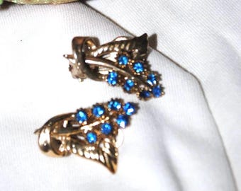 Vintage clip on earrings 1940s blue glass Wisteria design