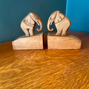 Vintage Elephant Bookends Handcut Wooden Sculptures Hardwood image 2