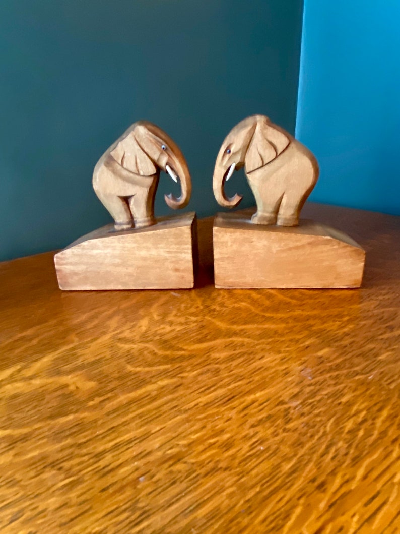 Vintage Elephant Bookends Handcut Wooden Sculptures Hardwood image 2