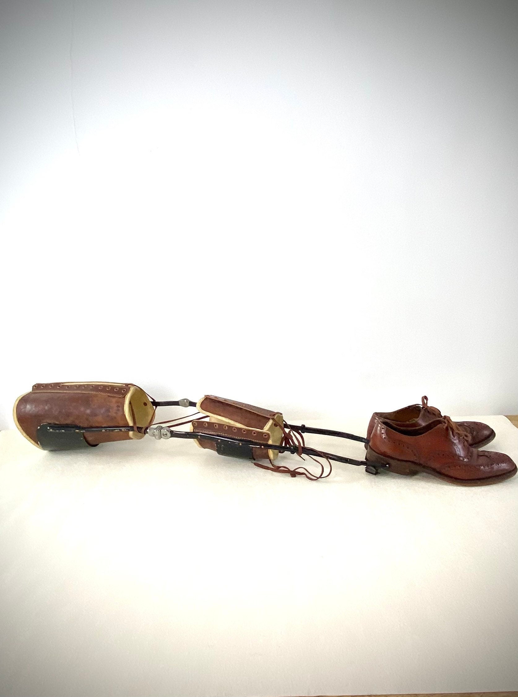 Leather Leg Brace With Brogues C1940s Vintage Adult Mans Leather leather-leg-brace-with-brogues-c1940s-vintage-adult-mans-leather
