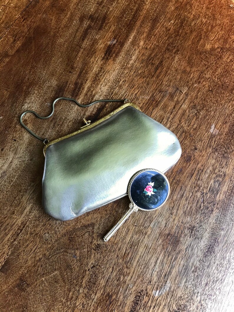 1950s Gold Evening Bag with Enamelled Hand mirror Vintage Clutch Bag Evening Bag Hand Bag Rockabilly Pin Up Girl image 1