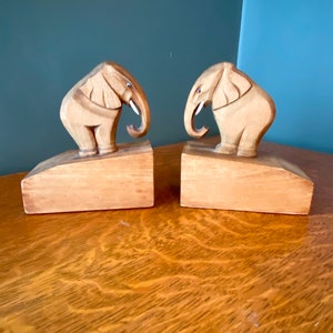 Vintage Elephant Bookends Handcut Wooden Sculptures Hardwood image 4