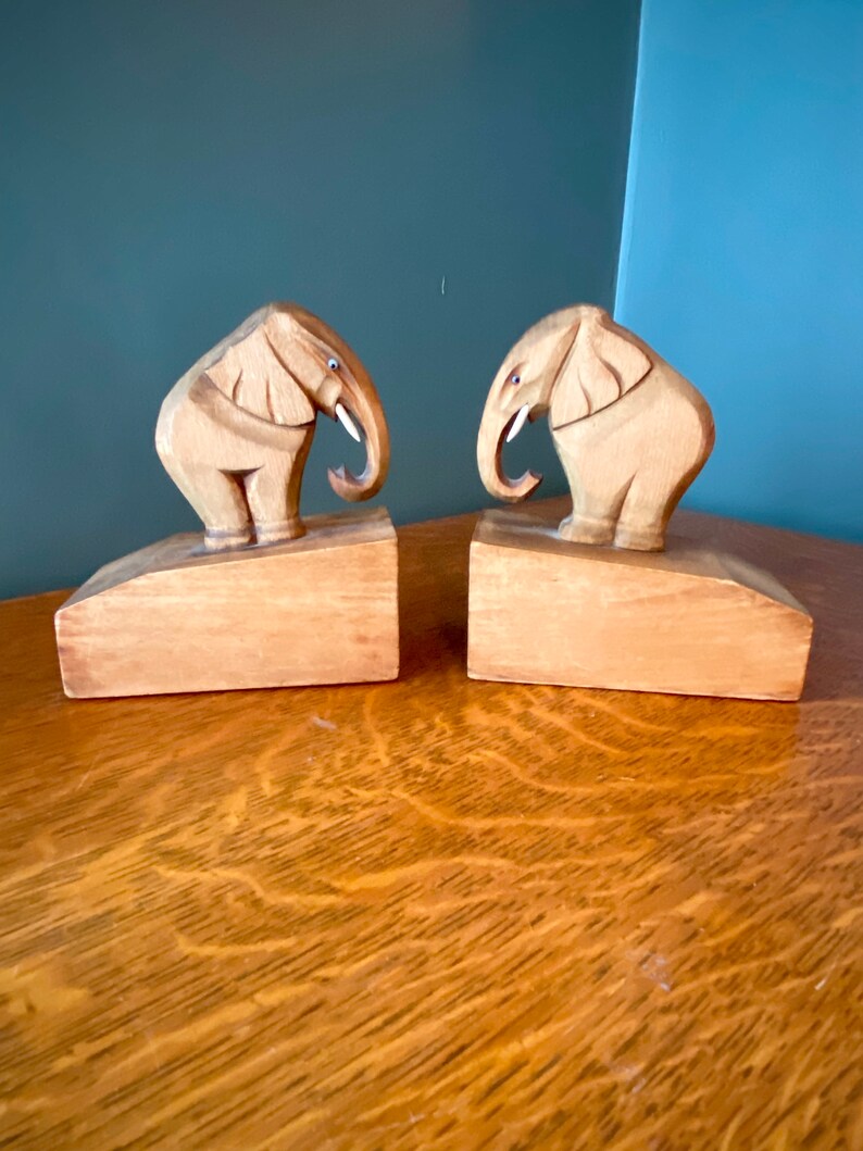 Vintage Elephant Bookends Handcut Wooden Sculptures Hardwood image 4