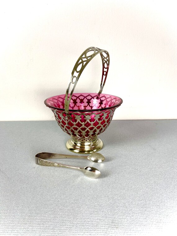 Beautiful Cranberry Glass Silver Plate Sugar Basket Bon Bon Dish