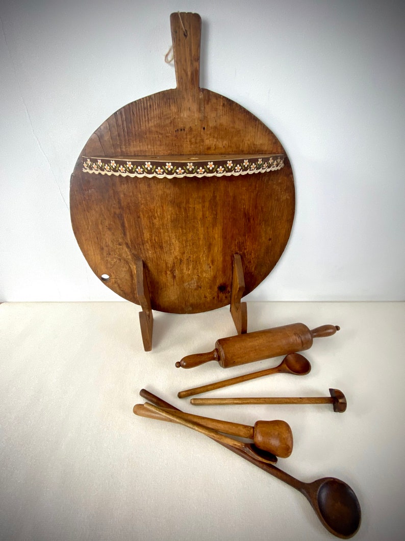 Large Antique Wooden Pizza board home fashioned in to Utensil Board Rolling Pin Vintage spoons mixer and crusher Masses of charm c1930s image 4