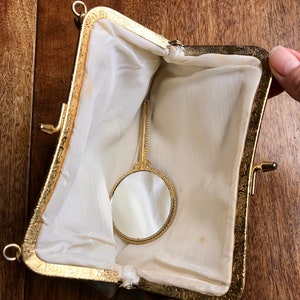 1950s Gold Evening Bag with Enamelled Hand mirror Vintage Clutch Bag Evening Bag Hand Bag Rockabilly Pin Up Girl image 5