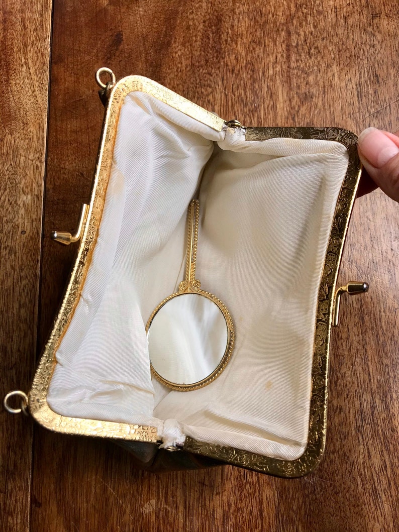 1950s Gold Evening Bag with Enamelled Hand mirror Vintage Clutch Bag Evening Bag Hand Bag Rockabilly Pin Up Girl image 5