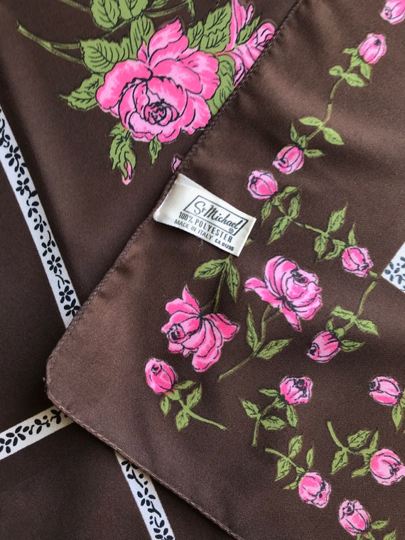 1970s St Michael Vintage Scarf Pink Roses on a wh… - image 2