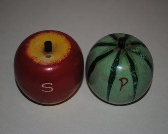 Quirky 1950's Salt & Pepper pot of an apple and Watermelon. Condiment set