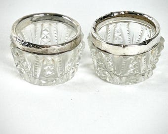 Hallmarked Pair of Art Deco Cut Glass Silver Rimmed Table Salts