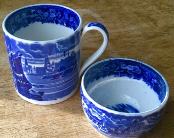 Wedgewood Ferrara blue and white Coffee Cup / can and Sugar bowl Sailing Boats