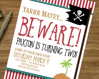 Pirate Birthday Party Invitation - Personalized, DIGITAL OR PRINTED - yarrr matey, pirate party for boy, girl, buried treasure party