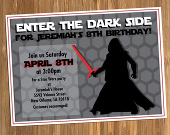 May include: A Star Wars-themed birthday party invitation. The invitation features the text "ENTER THE DARK SIDE FOR JEREMIAH'S 8TH BIRTHDAY!" and event details. A black silhouette of a character with a red lightsaber is on the right.