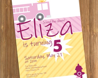 Pink Firetruck Birthday Invitation for Girls – Firewoman Party (Digital or Printed)
