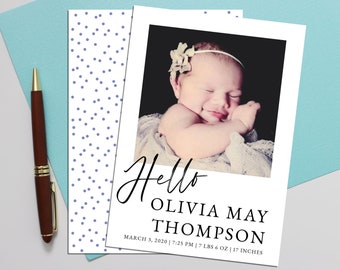 Hello Baby Birth Announcement - Personalized, DIGITAL OR PRINTED - welcome new baby photo birth card, newborn announcement postcard