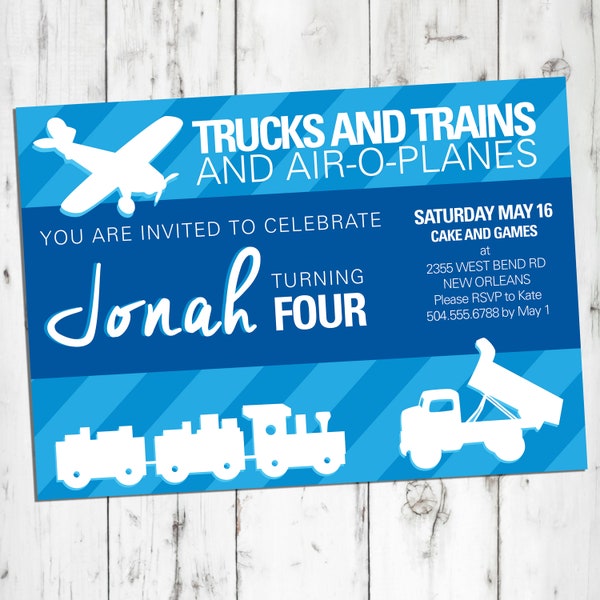 Trucks Trains Airplanes Birthday Party Invitation - Personalized, DIGITAL OR PRINTED - bday invite for boys, 1st, 2nd, 3rd, toddler birthday